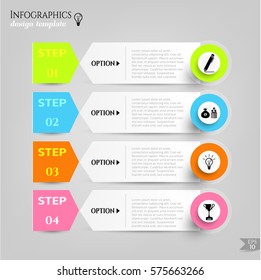 Set, group, collection of four modern labels, banners with numbers and simple icons, isolated on bright background, for infographics, presentations, documents