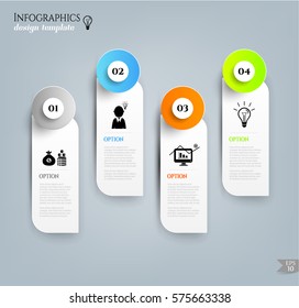 Set, group, collection of four modern labels, banners with numbers and simple icons, isolated on bright background, for infographics, presentations, documents
