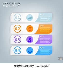 Set, group, collection of four modern labels, banners with numbers and simple icons, isolated on bright background, for infographics, presentations, documents