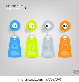 Set, group, collection of four modern labels, banners with numbers and simple icons, isolated on bright background, for infographics, presentations, documents