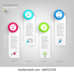 Set, group, collection of four modern labels, banners with numbers and simple doodle icons, isolated on bright background, for infographics, presentations, documents
