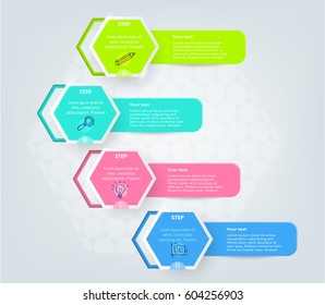 Set, group, collection of four modern labels, banners with numbers and simple doodle icons, isolated on bright background, for infographics, presentations, documents