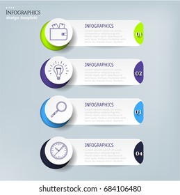 Set, group, collection of four modern labels, banners with numbers and simple line icons, isolated on bright background, for infographics, presentations, documents