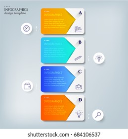 Set, group, collection of four modern labels, banners with numbers and simple line icons, isolated on bright background, for infographics, presentations, documents