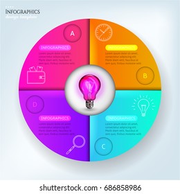 Set, group, collection of four modern labels, banners with numbers and simple line icons, pink light bulb, isolated on bright background, for infographics, presentations, documents