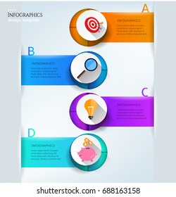 Set, group, collection of four modern labels, banners with numbers and colorful icons, isolated on bright background, for infographics, presentations, documents