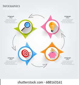 Set, group, collection of four modern labels, banners with numbers and colorful icons, isolated on bright background, for infographics, presentations, documents