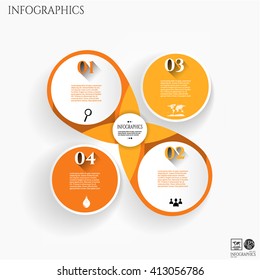 Set, group, collection of four orange, modern labels, banners with numbers and simple icons, isolated on bright background, for infographics, presentations, documents