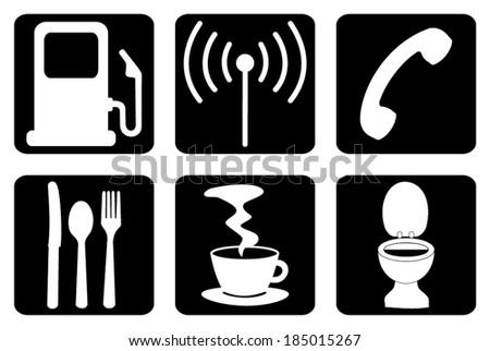 Set, group, collection of motel icons, petrol, wi-fi, phone, restaurant, cafe and wc signs, symbols, isolated on background, black and white design, vector art image illustration. sign, symbol, icon