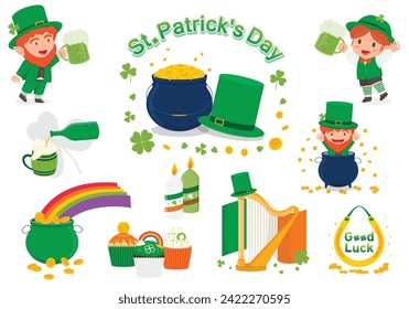 set group collection saint patrick day st.patrick day 07 seventeen day treland irish green color leprechaun hat celtic party beer rainbow character horse shoe gold icon march event element festival