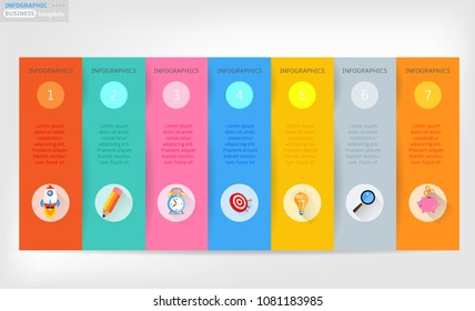 Set, group, collection of seven modern labels, banners with numbers and simple colorful icons, isolated on bright background, for infographics, presentations, documents