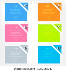 Set, group, collection of six modern labels, banners with numbers and simple line icons, isolated on bright background, for infographics, presentations, documents