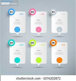 Set, group, collection of six modern labels, banners with numbers and simple line icons, isolated on bright background, for infographics, presentations, documents