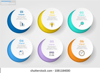 Set, group, collection of six modern labels, banners with numbers and simple line icons, isolated on bright background, for infographics, presentations, documents