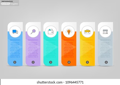 Set, group, collection of six modern labels, banners with numbers and simple line icons, isolated on bright background, for infographics, presentations, documents