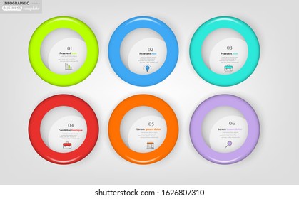 Set, group, collection of six modern labels, banners with numbers and simple line icons, isolated on white background, for infographics, presentations, documents