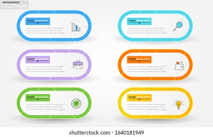 Set, group, collection of six modern labels, banners with numbers and simple line icons, isolated on white background, for infographics, presentations, documents
