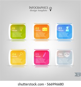 Set, group, collection of six modern labels, banners with numbers and simple icons, isolated on white background, for infographics, presentations, documents