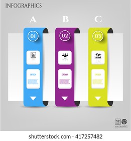 Set, group, collection of three blue, violet, green modern labels, banners with numbers and simple icons, isolated on bright background, for infographics, presentations, documents