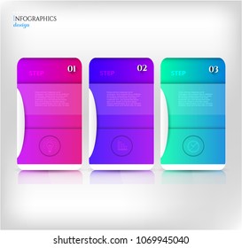 Set, group, collection of three modern labels, banners with numbers and simple line icons, isolated on bright background, for infographics, presentations, documents
