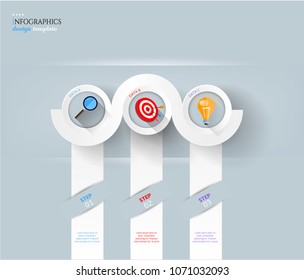 Set, group, collection of three modern labels, banners with numbers and colorful icons, isolated on bright background, for infographics, presentations, documents