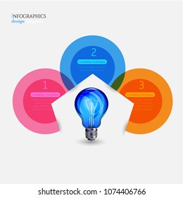 Set, group, collection of three modern labels, banners with numbers and simple line icons, blue light bulb,isolated on bright background, for infographics, presentations, documents
