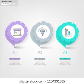 Set, group, collection of three modern labels, banners with numbers and simple line icons, isolated on bright background, for infographics, presentations, documents