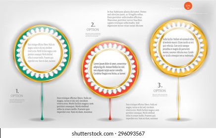 Set, group, collection of three, modern, round, colorful - green, red, yellow colors, design template, numbered labels, stickers for infographic, presentations, reports, documents, flyers