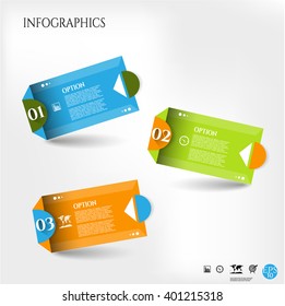 Set, group, collection of three modern, colorful - blue, orange, green, design template, numbered labels, banners for infographic, presentations, reports, documents