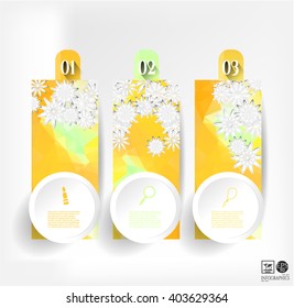 Set, group, collection of three modern yellow, green, orange,  design template, numbered labels with white flowers, isolated on bright background