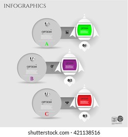 Set, group, collection of three modern labels, banners with simple rockets, numbers and icons, isolated on bright background, for infographics, presentations, documents