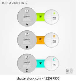 Set, group, collection of three modern labels, banners with numbers and simple icons, isolated on bright background, for infographics, presentations, documents