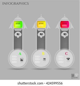 Set, group, collection of three modern labels, banners with numbers, rockets and simple icons, isolated on bright background, for infographics, presentations, documents