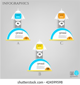 Set, group, collection of three modern labels, banners with numbers, rockets and simple icons, isolated on bright background, for infographics, presentations, documents