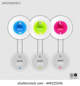 Set, group, collection of three modern labels, banners with numbers and simple icons, isolated on bright background, for infographics, presentations, documents