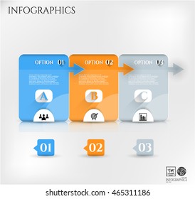 Set, group, collection of three modern blue, orange, gray labels, banners with numbers and simple icons, isolated on bright background, for infographics, presentations, documents