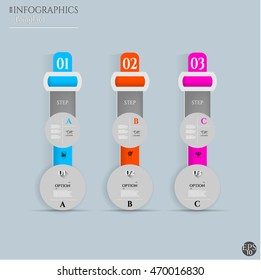 Set, group, collection of three modern labels, banners with numbers and simple icons, isolated on gray background, for infographics, presentations, documents