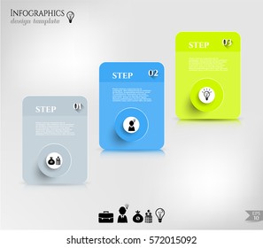 Set, group, collection of three modern labels, banners with numbers and simple icons, isolated on bright background, for infographics, presentations, documents