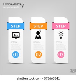 Set, group, collection of three modern labels, banners with numbers and simple icons, isolated on bright background, for infographics, presentations, documents