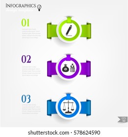 Set, group, collection of three modern labels, banners with numbers and simple icons, isolated on bright background, for infographics, presentations, documents