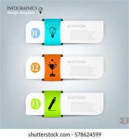 Set, group, collection of three modern labels, banners with numbers and simple icons, isolated on bright background, for infographics, presentations, documents