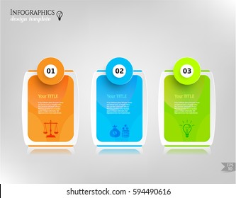 Set, group, collection of three modern labels, banners with numbers and simple icons, isolated on bright background, for infographics, presentations, documents
