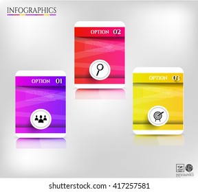 Set, group, collection of three violet, pink, yellow modern labels, banners with numbers and simple icons, isolated on bright background, for infographics, presentations, documents