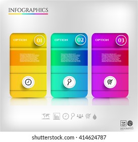 Set, group, collection of three yellow, blue, violet modern labels, banners with numbers and simple icons, isolated on bright background, for infographics, 