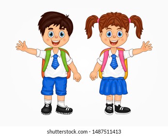 Set, group, collection of two children waving hands, students wearing school uniform with blue tie, backpack, isolated on white background