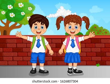 Set, group, collection of two children waving hands, students wearing school uniform with blue tie and colorful backpack, standing in front of brick wall
