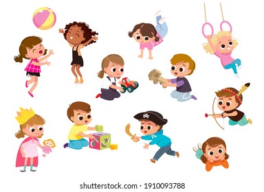 Set group collection of vector cute babies kids characters playing,doing activities in different various poses.Children jump,move,having fun in fine mood,play,hang around with different emotions.