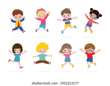 Set group collection of vector cute babies kids characters playing doing activities in different various poses, Happy children jumping and dancing isolated on white background Vector Illustration