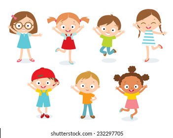 Set group collection of vector cute babies kids characters playing,doing activities in different various poses.Children happily jump,move,greeting with hads up.having fun in fine mood,play,hang around