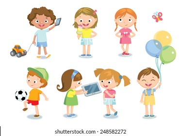 Set group collection of vector cute babies kids characters playing,doing activities in different various poses.Children happily having fun in fine mood,play,hang around